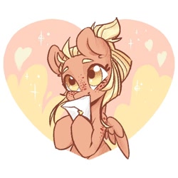 Size: 682x682 | Tagged: safe, artist:miss_glowwormis, oc, oc only, pegasus, pony, freckles, heart, letter, smiling, solo, sparkles, spread wings, wings