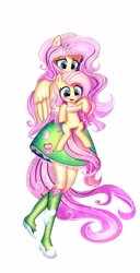 Size: 2089x4096 | Tagged: safe, artist:opal_radiance, fluttershy, pegasus, pony, equestria girls, g4, blushing, boots, clothes, cute, daaaaaaaaaaaw, duo, female, hug, mare, open mouth, ponied up, self paradox, self ponidox, shirt, shoes, shyabetes, simple background, skirt, socks, white background, wingless
