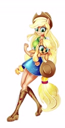 Size: 2089x4096 | Tagged: safe, artist:opal_radiance, applejack, earth pony, pony, equestria girls, g4, applejack's hat, boots, clothes, cowboy boots, cowboy hat, cute, duo, female, freckles, hat, holding a pony, hoof hold, hug, jackabetes, mare, open mouth, ponied up, self paradox, self ponidox, shirt, shoes, simple background, skirt, white background
