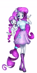 Size: 2089x4096 | Tagged: safe, artist:opal_radiance, rarity, pony, unicorn, equestria girls, g4, belt, boots, bracelet, clothes, duo, female, hug, jewelry, mare, one eye closed, open mouth, ponied up, self paradox, self ponidox, shirt, shoes, simple background, skirt, white background, wink