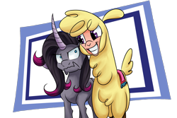 Size: 1800x1200 | Tagged: safe, artist:thescornfulreptilian, oleander (tfh), paprika (tfh), alpaca, classical unicorn, pony, unicorn, them's fightin' herds, community related, duo, duo female, female, frown, grin, horn, looking at each other, mare, oleander is not amused, personal space invasion, shrunken pupils, simple background, smiling, starry eyes, white background, wingding eyes