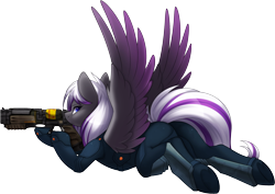 Size: 2212x1568 | Tagged: safe, alternate version, artist:scarlet-spectrum, oc, oc only, oc:lyum, pegasus, pony, fallout equestria, battle suit, clothes, enclave, fallout, laser rifle, looking at you, lying down, prone, spread wings, wings