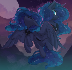 Size: 2308x2248 | Tagged: safe, artist:beardie, princess luna, alicorn, pony, g4, constellation, cute, ethereal mane, eyes closed, female, flying, high res, looking at you, lunabetes, mare, moon, mountain, peytral, solo, spread wings, starry night, stars, wings