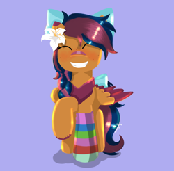 Size: 1218x1200 | Tagged: safe, artist:ajulie25609, oc, oc only, oc:solar comet, pegasus, pony, bandana, bow, disguise, disguised changedling, eyelashes, feathered wings, flower, freckles, male, raised hoof, smiling, sock, solo, tail bow, trap, wings