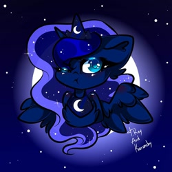 Size: 1080x1080 | Tagged: safe, artist:tessa_key_, princess luna, alicorn, pony, g4, :t, bust, collaboration, ethereal mane, eyelashes, female, jewelry, mare, night, peytral, signature, solo, spread wings, starry mane, stars, tiara, wings