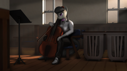 Size: 1920x1080 | Tagged: safe, artist:litterpaws, octavia melody, earth pony, anthro, plantigrade anthro, g4, 3d, bow (instrument), bowtie, breasts, busty octavia melody, cello, distant stare, female, musical instrument, sitting, source filmmaker