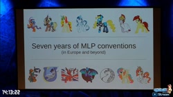 Size: 1366x768 | Tagged: safe, oc, convention, screen, seven years of mlp conventions, speech, talking
