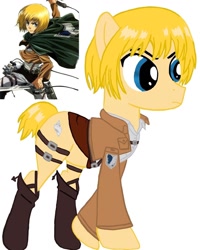 Size: 1080x1350 | Tagged: safe, artist:ponyrefaa, earth pony, human, pony, armin arlert, attack on titan, boots, clothes, crossover, duo, male, ponified, shoes, simple background, stallion, white background
