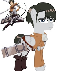 Size: 1080x1350 | Tagged: safe, artist:ponyrefaa, human, pegasus, pony, attack on titan, clothes, crossover, duo, levi ackerman, male, ponified, simple background, stallion, white background