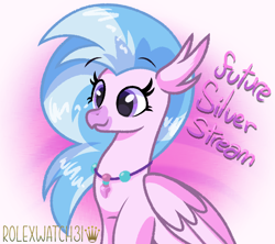 Size: 1452x1290 | Tagged: safe, artist:rolexwatch31, silverstream, classical hippogriff, hippogriff, g4, cute, diastreamies, female, gradient background, older, older silverstream, sitting, smiling, solo, text