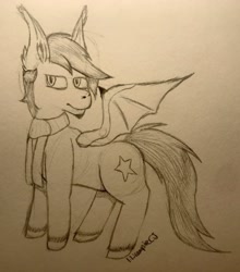 Size: 2662x3022 | Tagged: safe, artist:lil_vampirecj, oc, oc only, oc:zephyr star, bat pony, pony, clothes, high res, photo, scarf, sketch, solo, stars