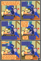 Size: 6509x9675 | Tagged: safe, artist:gutovi, applejack, princess luna, alicorn, earth pony, pony, comic:why me!?, g4, alternate ending, comic, female, floppy ears, hat, implied alcohol, lesbian, lidded eyes, looking at each other, ship:lunajack, shipping, show accurate, sweet apple acres, tree
