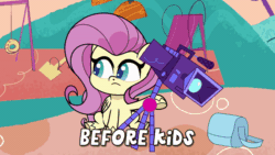 Size: 800x450 | Tagged: safe, edit, screencap, fluttershy, rainbow dash, pegasus, pony, g4.5, my little pony: pony life, the crystal capturing contraption, animated, bag, before and after, camera, dishevelled, female, gif, mare, meme, messy mane, playground, saddle bag, shocked, sitting, slide, solo focus, swing set, teeter-totter, text, tripod