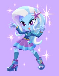 Size: 1614x2048 | Tagged: safe, artist:binco_293, trixie, equestria girls, g4, beautiful, blue skin, chibi, cute, diatrixes, female, human coloration, open mouth, purple background, purple eyes, simple background, solo, sparkles, white hair, woman
