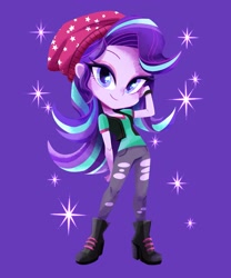 Size: 1701x2048 | Tagged: safe, artist:binco_293, starlight glimmer, human, equestria girls, spoiler:eqg specials, beanie, beautiful, blue hair, boots, chibi, clothes, cute, female, glimmerbetes, happy, hat, human coloration, jeans, long hair, looking at you, multicolored hair, pants, pink skin, purple background, purple eyes, purple hair, purple skin, shoes, simple background, smiling, solo, sparkles, watch, wings, woman, wristwatch
