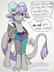 Size: 1536x2048 | Tagged: safe, artist:incendiarymoth, discord, maud pie, draconequus, earth pony, pony, g4, bowtie, claws, clothes, facial hair, female, fusion, fusion:discord, fusion:maud pie, goatee, horns, implied pinkie pie, mare, multicolored eyes, multiple limbs, offscreen character, paws, talons, tumblr