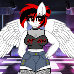 Size: 1378x1378 | Tagged: safe, artist:chubbehbunneh16, oc, oc only, oc:flamea star, pegasus, anthro, breasts, bustier, cleavage, clothes, club, eye clipping through hair, female, fishnet stockings, hand on hip, makeup, mare, milf, multicolored eyes, pegasus oc, shorts, simple shading, solo