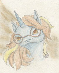 Size: 1672x2072 | Tagged: safe, artist:cindertale, oc, oc only, pony, unicorn, bust, freckles, glasses, horn, solo, traditional art, unicorn oc