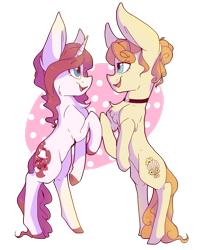 Size: 2250x2666 | Tagged: safe, artist:cookietasticx3, oc, oc only, earth pony, pony, unicorn, chest fluff, choker, colored hooves, duo, earth pony oc, high res, horn, open mouth, rearing, simple background, smiling, transparent background, unicorn oc