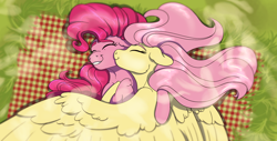 Size: 1254x637 | Tagged: safe, artist:mushroompone, fluttershy, pinkie pie, earth pony, pegasus, pony, g4, cheek kiss, cuddling, dappled sunlight, female, grass, kissing, lesbian, lying down, picnic blanket, ship:flutterpie, shipping