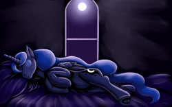 Size: 1920x1200 | Tagged: safe, artist:earthquake87, princess luna, alicorn, pony, g4, bed, comfy, eyes closed, moon, moonlight, pillow, sleeping, smiling, solo, underhoof, window