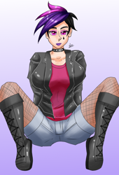 Size: 1500x2200 | Tagged: safe, artist:zachc, princess celestia, human, g4, ass, boots, butt, choker, clothes, denim shorts, eyeshadow, female, fishnet pantyhose, fishnet stockings, humanized, jacket, leather jacket, lipstick, looking at you, makeup, punklestia, shoes, shorts, simple background, solo, spiked choker, thigh highs