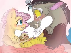 Size: 1080x809 | Tagged: safe, artist:cocolove2176, discord, fluttershy, oc, oc:coraliss rose, draconequus, hybrid, pegasus, pony, g4, blushing, bust, crying, draconequus oc, female, interspecies offspring, looking at each other, male, mare, offspring, parent:discord, parent:fluttershy, parents:discoshy, ship:discoshy, shipping, smiling, story included, straight, tears of joy