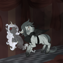 Size: 2000x2000 | Tagged: safe, artist:lavvythejackalope, oc, oc only, ghost, ghost pony, pegasus, pony, unicorn, duo, high res, horn, indoors, looking back, pegasus oc, unicorn oc, wings