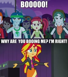 Size: 600x672 | Tagged: safe, edit, edited screencap, screencap, blueberry cake, captain planet, heath burns, indigo wreath, rose heart, scott green, scribble dee, sophisticata, starlight, sunset shimmer, watermelody, equestria girls, g4, my little pony equestria girls: rainbow rocks, caption, hannibal buress, image macro, out of context, text, the eric andre show, why are you booing me i'm right