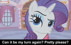 Size: 1920x1232 | Tagged: safe, rarity, pony, unicorn, comic:celestia's servant interview, g4, season 1, suited for success, caption, carousel boutique, cs captions, cute, duckface, female, horn, interview, looking at you, mare, raised eyebrow, raribetes, solo, text