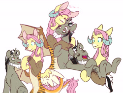 Size: 6120x4636 | Tagged: safe, artist:chub-wub, discord, fluttershy, draconequus, pony, unicorn, g4, absurd resolution, cuddling, draconequified, eyes closed, female, flutterequus, holding a pony, hug, male, mismatched wings, open mouth, ponified, pony discord, purring, role reversal, ship:discoshy, shipping, simple background, species swap, stallion, straight, underhoof, white background, wings