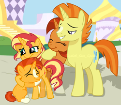 Size: 2976x2584 | Tagged: safe, artist:sunlightshimmer64, stellar flare, sunburst, sunset shimmer, sunspot (g4), pony, unicorn, g4, base used, blank flank, blaze (coat marking), brother and sister, coat markings, colt, colt sunburst, facial markings, family, female, filly, filly sunset shimmer, high res, hug, male, mare, ship:flarespot, shipping, siblings, socks (coat markings), stallion, straight, sunny siblings, watermark, young, younger