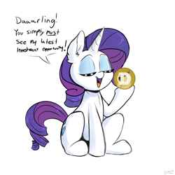Size: 2000x2000 | Tagged: safe, artist:skoon, edit, rarity, pony, unicorn, g4, darling, dialogue, doge, dogecoin, ear fluff, eyes closed, female, high res, hoof hold, mare, meme, rarity's latest accessory, simple background, sketch, solo, this will end in bankruptcy, this will end in tears, this will not end well
