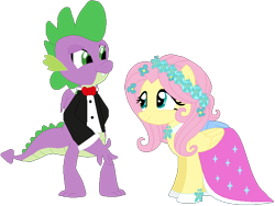 Size: 681x511 | Tagged: safe, artist:jadeharmony, artist:selenaede, fluttershy, spike, dragon, pegasus, pony, g4, adult, adult spike, bowtie, clothes, dress, female, floral head wreath, flower, flower in hair, male, mare, older, older spike, ship:flutterspike, shipping, simple background, straight, transparent background, tuxedo, winged spike, wings