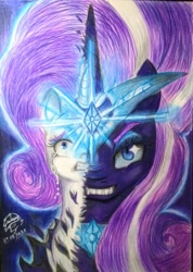 Size: 449x630 | Tagged: safe, artist:shadowingartist, nightmare rarity, rarity, pony, unicorn, g4, crying, evil grin, female, glare, grin, looking at you, looking up, magic, magic aura, mare, scared, smiling, traditional art, two sides