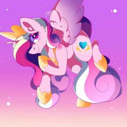 Size: 1080x1078 | Tagged: safe, artist:tessa_key_, princess cadance, alicorn, pony, g4, ear fluff, female, flying, gradient background, hoof shoes, horn, jewelry, mare, signature, solo, tiara, wings