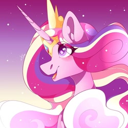 Size: 1080x1080 | Tagged: safe, artist:tessa_key_, princess cadance, alicorn, pony, g4, ear fluff, female, gradient background, heart eyes, horn, jewelry, mare, open mouth, peytral, signature, smiling, solo, tiara, wingding eyes
