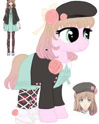 Size: 1080x1350 | Tagged: safe, artist:ponyrefaa, earth pony, human, pony, amnesia, beret, clothes, crossover, female, hat, mare, ponified, simple background, white background