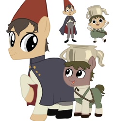 Size: 1080x1157 | Tagged: safe, artist:ponyrefaa, earth pony, human, pony, balancing, clothes, colt, crossover, greg (over the garden wall), hat, male, over the garden wall, ponified, raised hoof, simple background, stallion, white background, wirt