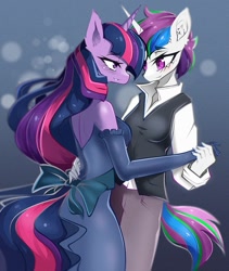 Size: 1245x1472 | Tagged: safe, artist:kamushek228, twilight sparkle, oc, oc:cake sparkle, unicorn, anthro, g4, canon x oc, clothes, dancing, dress, eye contact, grin, holding hands, looking at each other, shipping, smiling