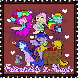 Size: 1070x1070 | Tagged: safe, artist:vyckykenyon, applejack, fluttershy, pinkie pie, rainbow dash, rarity, spike, twilight sparkle, alicorn, dragon, earth pony, pegasus, unicorn, anthro, g4, balloon, clothes, dress, eyelashes, floating, heart, horn, male, mane seven, mane six, one eye closed, open mouth, sleeping, smiling, then watch her balloons lift her up to the sky, twilight sparkle (alicorn), wings, wink