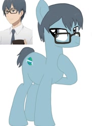 Size: 1080x1350 | Tagged: safe, artist:ponyrefaa, earth pony, human, pony, bust, clothes, crossover, duo, glasses, hoof on chest, kaname asagiri, magical girl site, male, necktie, ponified, simple background, stallion, white background