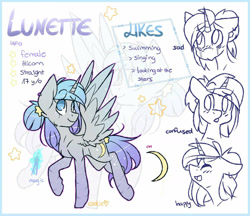 Size: 1600x1385 | Tagged: safe, artist:cookietasticx3, oc, oc only, oc:lunette, alicorn, pony, alicorn oc, bust, female, horn, looking back, mare, raised hoof, reference sheet, wings