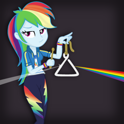 Size: 1450x1450 | Tagged: safe, artist:grapefruit-face, rainbow dash, equestria girls, equestria girls series, g4, base used, clothes, female, geode of super speed, looking to the left, magical geodes, musical instrument, pink floyd, remake, show accurate, solo, the dark side of the moon, triangle, wristband