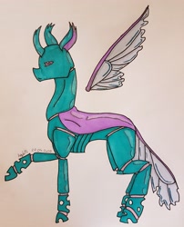 Size: 2987x3696 | Tagged: safe, artist:agdapl, changedling, changeling, changedlingified, crossover, curved horn, floating wings, high res, horn, male, raised hoof, signature, solo, species swap, spy, spy (tf2), team fortress 2, traditional art, wings