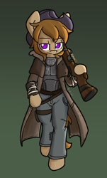 Size: 890x1472 | Tagged: safe, artist:spheedc, oc, oc only, oc:talu gana, pegasus, semi-anthro, fallout equestria, arm hooves, armor, clothes, coat, cowboy hat, eyebrows, eyebrows visible through hair, fallout, fallout: new vegas, gradient background, gun, hat, looking at you, male, no pupils, pants, pegasus oc, purple eyes, rifle, signature, solo, stallion, stetson, walking, weapon