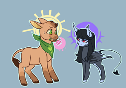 Size: 1500x1050 | Tagged: safe, artist:lavvythejackalope, oc, oc only, oc:darcy, oc:ill fated, bat pony, donkey, pony, bat pony oc, blue background, donkey oc, duo, flower, flower in mouth, mouth hold, neckerchief, simple background, unshorn fetlocks