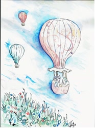 Size: 2000x2681 | Tagged: safe, artist:nedemai, spike, twilight sparkle, dragon, pony, g4, balloon, floating, grass, high res, hot air balloon, scenery, traditional art, watercolor painting