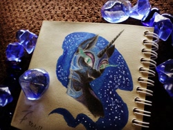Size: 1080x810 | Tagged: safe, artist:tnart, nightmare moon, princess luna, alicorn, pony, g4, antagonist, female, glowing eyes, helmet, mare, mare in the moon, moon, pencil drawing, photo, traditional art, villainess