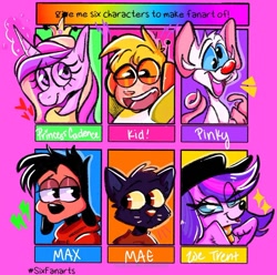 Size: 1080x1073 | Tagged: safe, artist:xeruali, princess cadance, alicorn, cat, dog, mouse, pony, anthro, g4, :d, a goofy movie, anthro with ponies, bust, crossover, eyelashes, female, horn, littlest pet shop, mae borowski, male, mare, max goof, night in the woods, open mouth, pinky (pinky and the brain), pinky and the brain, six fanarts, smiling, zoe trent